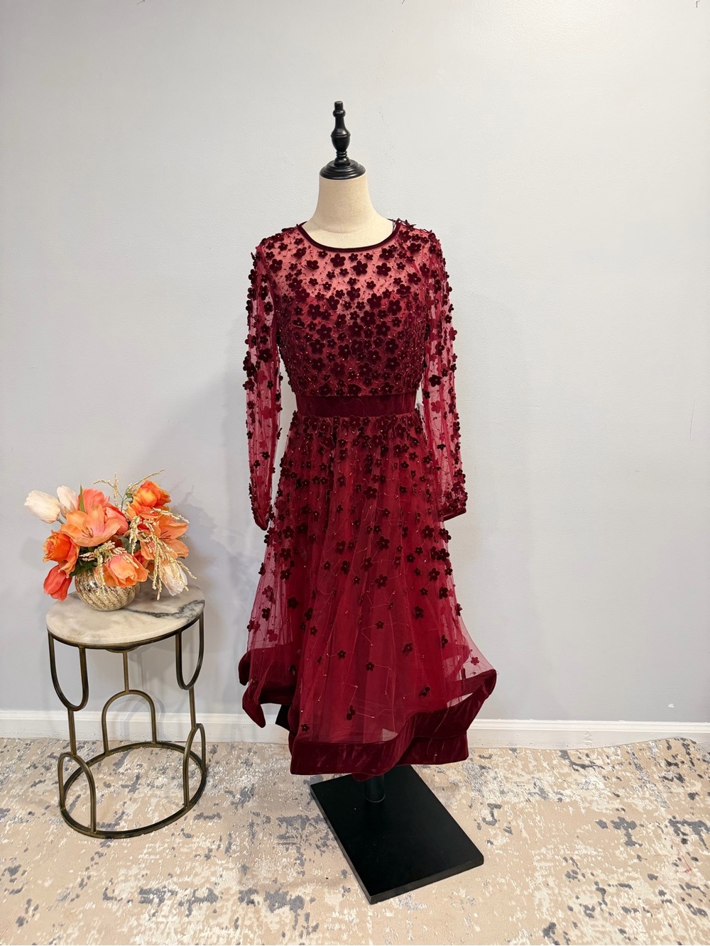 Mac Duggal Burgundy Illusion Long Sleeve Floral Appliqué Velvet Detail Midi Gown
